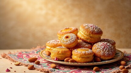 Delicious pastries with powdered sugar on a decorative plate with a textured background
