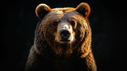 Obraz premium Majestic Brown Bear Portrait: A Wild Encounter in the Dark