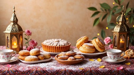 Fototapeta premium Traditional Middle Eastern sweets displayed on a table with tea cups, floral decorations, and lanterns