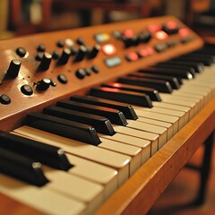 Close-up of a Vintage Wooden Keyboard Synthesizer