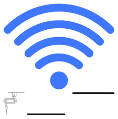 Blue wireless signal icon paired with a robotic arm sketch and minimalist black lines. Ideal for connectivity, automation, IoT, technology, industry 4.0, digital communication, abstract line flat