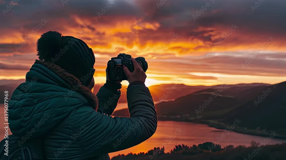 Poster capturing a stunning sunset over a lake with a camera from a mountain viewpoint in 4k quality