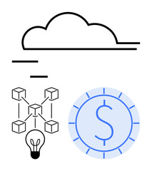 Cloud hovering above interconnected blockchain cubes, glowing light bulb, and a coin symbolizing financial innovation. Ideal for technology, finance, blockchain, data storage, innovation, future