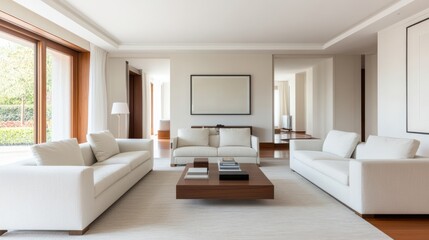 Fototapeta premium Minimalist interior design open space mindfulness. Modern living room featuring minimalist furniture, large windows, and a neutral color palette.
