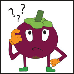 Mangosteen cartoon with confused expression, character design. Flat design mangosteen.