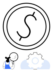 Woman focuses on financial analysis with magnifying glass, dollar coin, and gear mechanism. Ideal for finance, economy, innovation, strategy, judgment, analysis teamwork flat simple metaphor