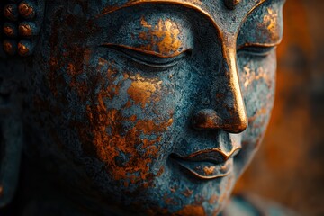 Serene Buddha Statue Close-Up of a Bronze-Patina Sculpture