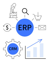 Central ERP node connects to CRM gear, analytics graph, finance cycle, e-commerce cart, email, and manufacturing diagram. Ideal for business, integration, workflow data management software tech