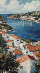 Obraz premium Coastal village, red roofs, blue water, boats, sunny day.