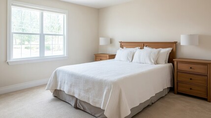 Fototapeta premium Minimalist interior design open space mindfulness. Bright, minimalist bedroom with a wooden bed and bedside tables, featuring a large window for natural light.