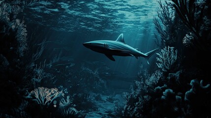 Fototapeta premium Shark swims through dark, underwater coral reef.
