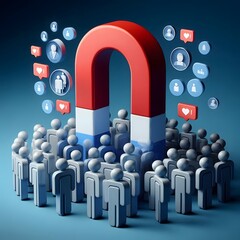 3D-rendered red and white horseshoe magnet attracts a crowd of blue human figures, symbolizing customer acquisition, marketing strategy, and social influence. Set against a blue background.