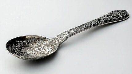 Ornate silver spoon; floral etched design.