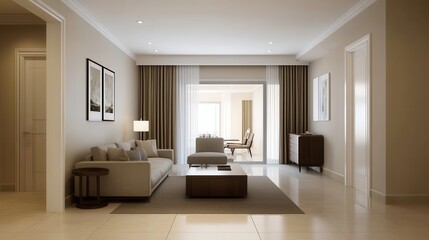 Fototapeta premium Minimalist interior design open space mindfulness. Modern living room with elegant decor, featuring light colors and stylish furnishings.