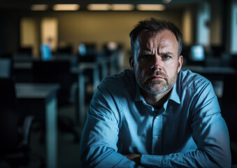Obraz premium Distressed businessman sitting alone in a modern office, surrounded by empty desks, symbolizing corporate layoff and uncertainty, emotional impact of job loss. 