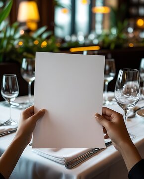 Close-up of a person reviewing a blank menu at an upscale restaurant, showcasing fine dining elegance with wine glasses, white tablecloth, and a sophisticated culinary atmosphere


