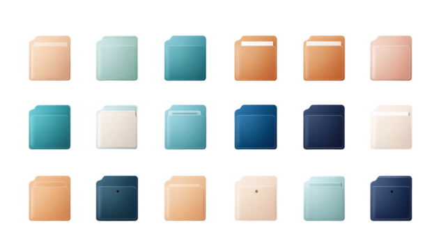 colorful file folders arrange neatly in rows. isolated on transparent background