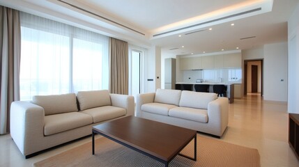 Fototapeta premium Minimalist interior design open space mindfulness. Modern living room featuring light furniture, large windows, and an open kitchen layout.