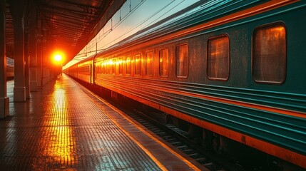 Naklejka premium Sunrise at the Train Station: A Breathtaking View of a Passenger Train at Dawn