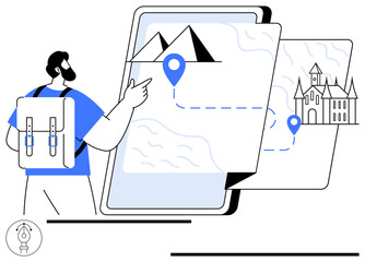 Person with backpack pointing at digital map with route markers, mountains, and a building. Ideal for navigation, travel, adventure, tourism, exploration technology journey plans. Flat simple