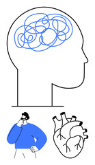 Head silhouette with tangled lines in the brain, heart shape below, and a pondering person. Ideal for psychology, decision-making, emotional intelligence, mental health, self-reflection, stress