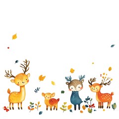 Autumn deer family forest illustration, nursery decor