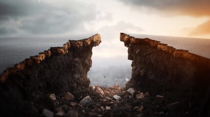 A dramatic cracked asphalt road splits open revealing deep earth chasm under stormy sky at sunset.