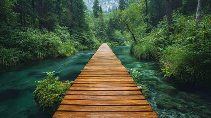 Naklejka premium Serene Wooden Pathway Through Lush Green Forest and Azure River