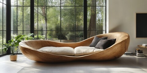 Modern Interior Design Featuring a Unique Wooden Sofa with Cushions and Lush Greenery