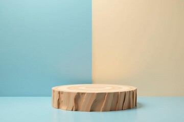 Wooden Display Platform on Pastel Background Ideal for Product Showcases and Presentations