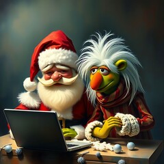 Santa claus and a cartoon character with laptop