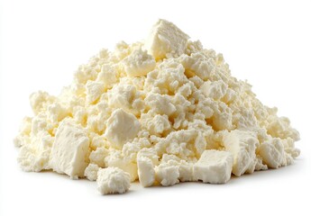 Pile of White Cottage Cheese Isolated Against a Clean White Background Dairy Delight with Chunky Texture Fresh and Nutritious Food Photography