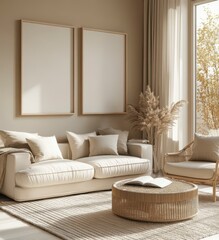Serene Living Room Interior with Beige Couch Empty Frames and Neutral Palette with a Woven Rug and Sheer Curtains