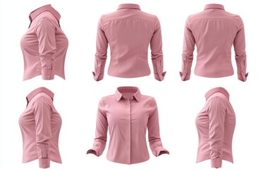 Set of Pink and White Long Sleeved Business Shirts for Women in Various Angles on a White Background Ready for Corporate or Formal Wear