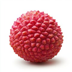 Single Lychee Fruit Displaying Vibrant Red and Pink Hues Textured Surface with Small Bumps Isolated on White Background in a Studio Setting