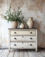 Shabby Chic Chest of Drawers with Antique Vases and Floral Arrangement Against Textured Wall