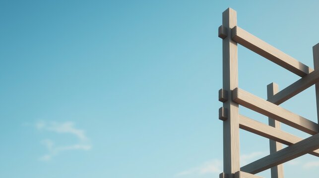 Close-up of a wooden structure with a clear blue sky in the background. the structure appears to be made up of multiple wooden beams that are arranged in a diagonal pattern.
