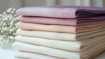 Stack of Assorted Pastel Colored Fabrics Neatly Folded Displayed on White Table Textile Background Delicate Clothing Material with Soft Light