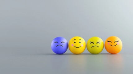 Four colorful emoticon spheres display various emotions like sadness happiness and stress on a gray background representing feelings.
