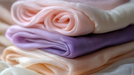 Stacked Pastel Colored Fabrics with Soft Texture in Rose Lavender and Beige Tones Featuring Elegant Drape and Gentle Sheen