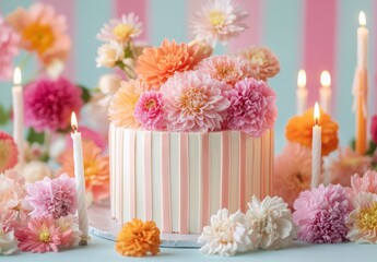 Striped Birthday Cake with Pink and Orange Flowers Surrounded by Lit Candles and Pastel Floral Arrangement on Light Blue Background