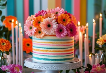 Striped Birthday Cake Adorned with Pink and Orange Gerberas surrounded by Lit Candles on a White Cake Stand with Rainbow Background
