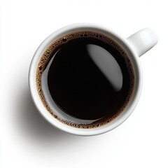 Top View of Steaming Black Coffee in White Ceramic Mug with Subtle Shadows on Clean White Background