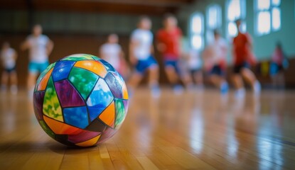 A colorful, multicolored ball lies on the wooden floor of an indoor gymnasium in front of blurry figures dressed as teenagers playing sports.