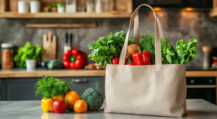 Tote Bag Overflowing with Fresh Vegetables and Fruits on Kitchen Countertop with Red Peppers Yellow Bell Peppers and Green Leafy Vegetables Close Up