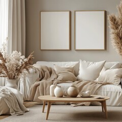 Two Beige Framed Posters Mockup above Sofa with Pillows in Well Lit Living Room Featuring Wooden Table and Pampas Grass in Vases