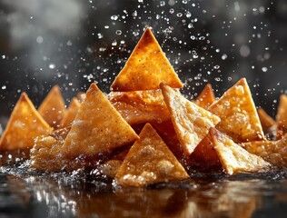 Triangular Pita Chips with Golden Texture on Dark Background Close Up Food Snack Appetizer Crispy and Delicious Studio Shot