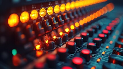 Fototapeta premium Illuminated Mixing Console: A Symphony of Controls and Lights