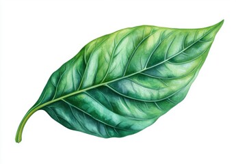Vibrant Green Basil Leaf Close up Isolated on White Background Detailed Macro Capture of Fresh Culinary Herb for Cooking and Flavorful Food