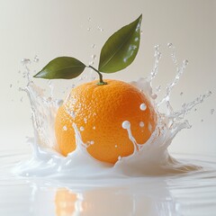 Vibrant Orange Fruit with Green Leaves Splashing in Water on Light Background For Refreshment and Healthy Eating Close Up